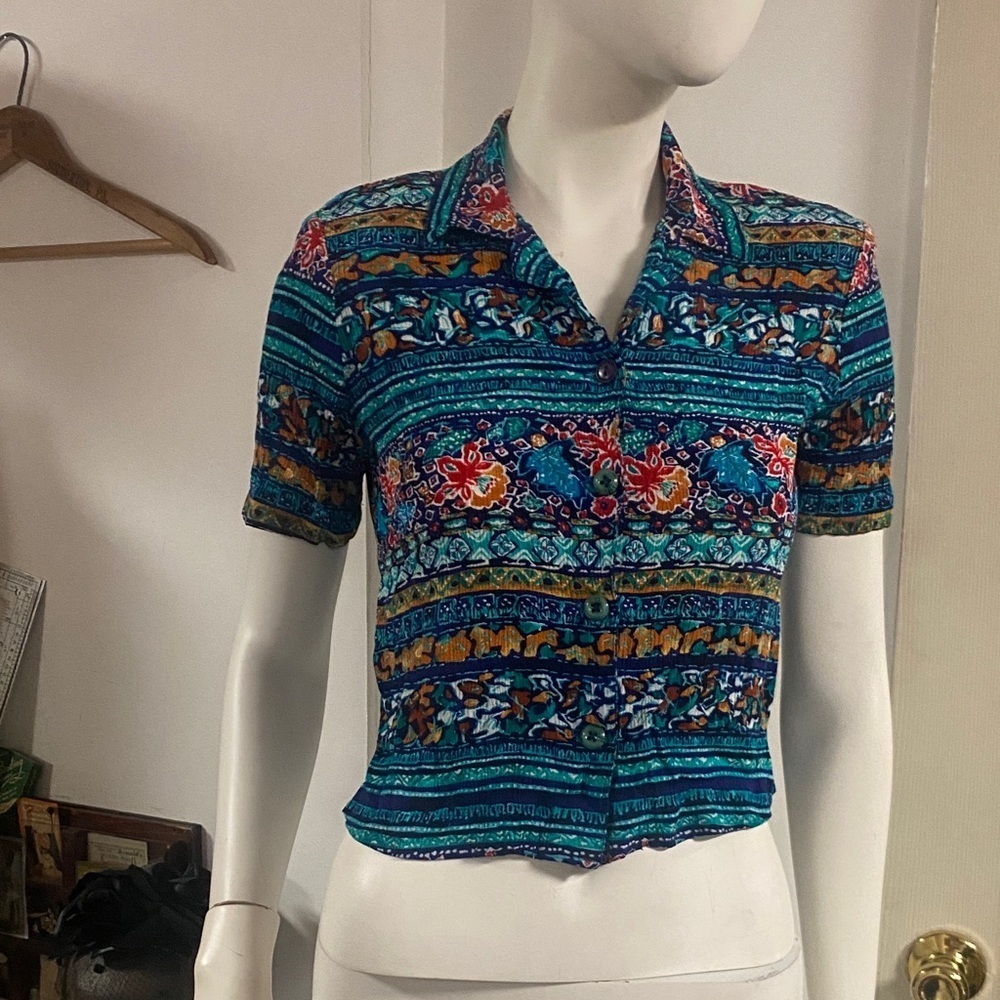 90s Vintage Boho Button Down Crop Shirt Multicolor S - Picture 2 of 6